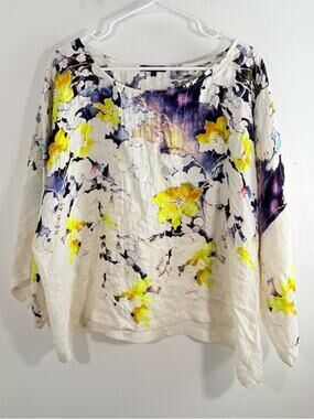 Dressori Purple Yellow Watercolor Floral Silk Blend Blouse Large